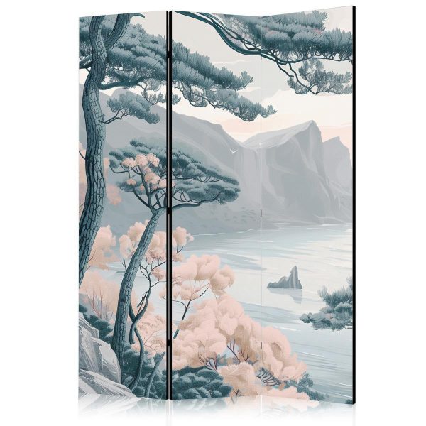 Paravent - Mountainous Coast with Trees and Rocks - in Light Pastel Blues Paravent - Mountainous Coast with Trees and Rocks - in Light Pastel Blues