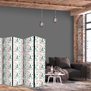 Paravent - Peonies - Pink and White Flowers and Green Leaves on a White Background