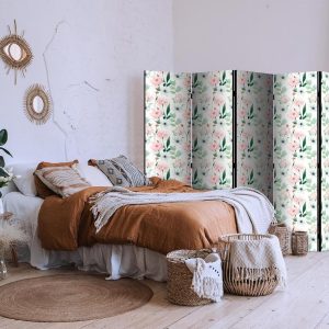 Paravent - Peonies - Pink and White Flowers and Green Leaves on a White Background