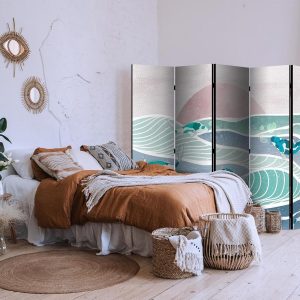 Paravent - Picturesque Landscape With Fish - Sunset And Koi Fish in Shades of Turquoise And Blue Floating Above The Water