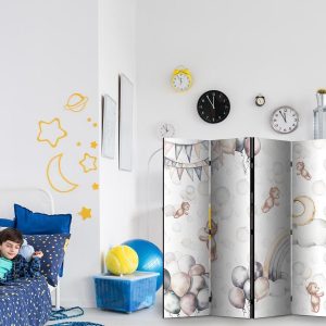 Paravent - Plush Bears with Balloons - Flying Light-Brown Bears Among Balloons - Clouds - and Rainbows in Subdued - Pastel Hues