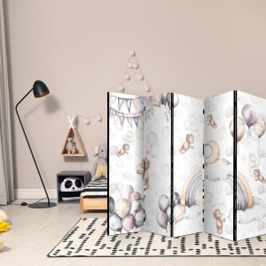 Paravent - Plush Bears with Balloons - Flying Light-Brown Bears Among Balloons - Clouds - and Rainbows in Subdued - Pastel Hues