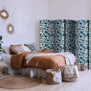 Paravent - Rose Vines - Monochromatic Blue Birds Resting Among Roses