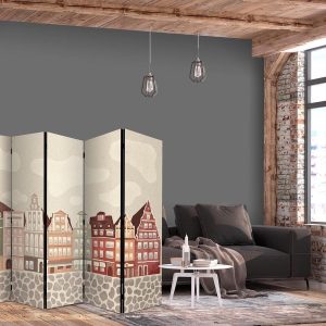 Paravent - Salt Square - Colorful Illustrated Townhouses Against a Sky with Clouds Background