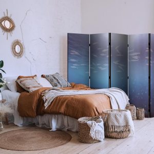 Paravent - School of Small Fish - Illuminated Oceanic Depth in Shades of Navy Purple and Gray with a Shoal of Tiny Fish