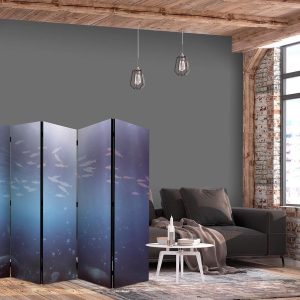 Paravent - School of Small Fish - Illuminated Oceanic Depth in Shades of Navy Purple and Gray with a Shoal of Tiny Fish