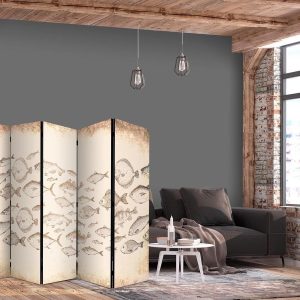 Paravent - Sketch of a Fish School - Sketches of Various Fish Species Swimming in a School on a Beige Background in Vintage Style