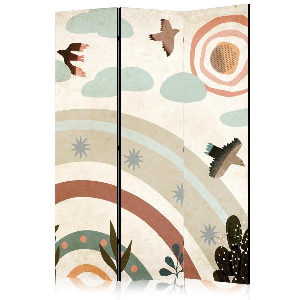 Paravent - Sun Above the Rainbow - Birds in Subdued Colors Flying Among Clouds Above a Rainbow and Vegetation on a Light Beige Background Paravent - Sun Above the Rainbow - Birds in Subdued Colors Flying Among Clouds Above a Rainbow and Vegetation on a Light Beige Background