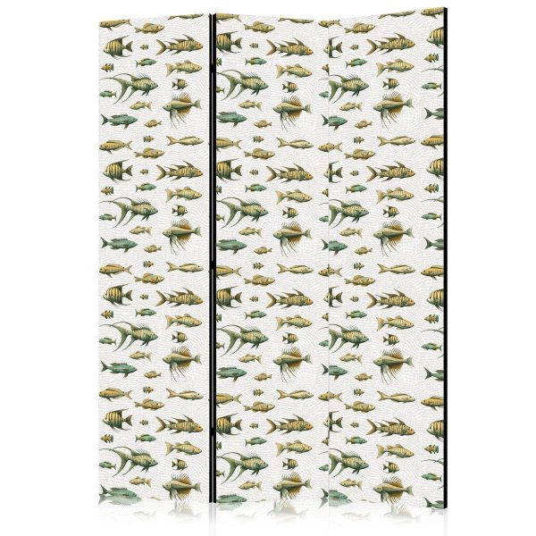 Paravent - Unusual Species of Fish - A Cluster of Fish in Muted Colors in Retro Style on a Background of Beige Strokes Paravent - Unusual Species of Fish - A Cluster of Fish in Muted Colors in Retro Style on a Background of Beige Strokes