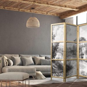 Paravent japonais - Black and White Vintage Landscape - Retro View of a Pond with a Boat