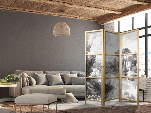 Paravent japonais - Black and White Vintage Landscape - Retro View of a Pond with a Boat