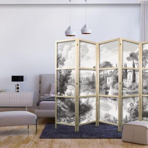 Paravent japonais - Black and White Vintage Landscape - Retro View of a Pond with a Boat