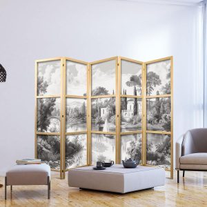 Paravent japonais - Black and White Vintage Landscape - Retro View of a Pond with a Boat