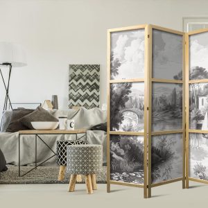 Paravent japonais - Black and White Vintage Landscape - Retro View of a Pond with a Boat