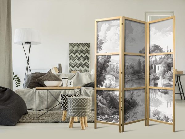 Paravent japonais - Black and White Vintage Landscape - Retro View of a Pond with a Boat Paravent japonais - Black and White Vintage Landscape - Retro View of a Pond with a Boat