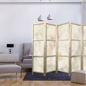 Paravent japonais - Blooming Peonies - Bright Large Flowers Enveloped in White Mist