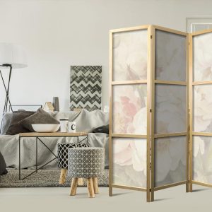 Paravent japonais - Blooming Peonies - Bright Large Flowers Enveloped in White Mist