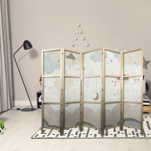 Paravent japonais - Cloudy Night Sky - Moons in browns and beiges among numerous clouds and stars on a light background