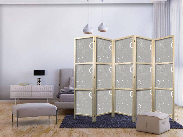 Paravent japonais - Cosmic Fireworks - Elegant Pattern with Moons and Stars on a Gray Background Paravent japonais - Cosmic Fireworks - Elegant Pattern with Moons and Stars on a Gray Background