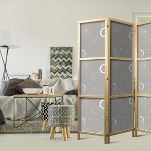 Paravent japonais - Cosmic Fireworks - Elegant Pattern with Moons and Stars on a Gray Background