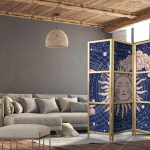 Paravent japonais - Cosmic Harmony - Illustration of the Sun and Moon on a Navy Background
