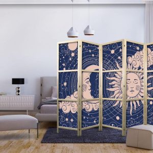 Paravent japonais - Cosmic Harmony - Illustration of the Sun and Moon on a Navy Background