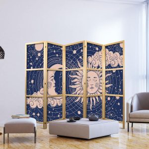 Paravent japonais - Cosmic Harmony - Illustration of the Sun and Moon on a Navy Background
