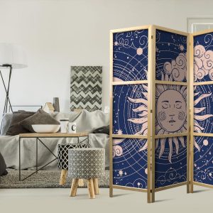 Paravent japonais - Cosmic Harmony - Illustration of the Sun and Moon on a Navy Background