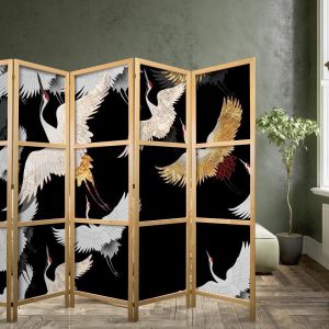 Paravent japonais - Cranes at Night - Golden-White Birds Flying Away on a Black Background