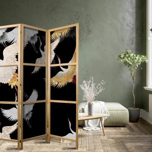 Paravent japonais - Cranes at Night - White and Gold Birds Flying Away on a Black Background