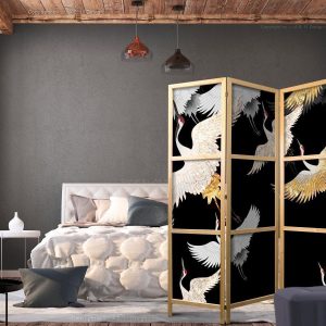Paravent japonais - Cranes at Night - White and Gold Birds Flying Away on a Black Background