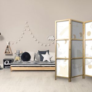 Paravent japonais - Fairy-Tale Galaxy - Moon Phases in Shades of Yellow Among Stars in Beige and Ash Colors with Stardust