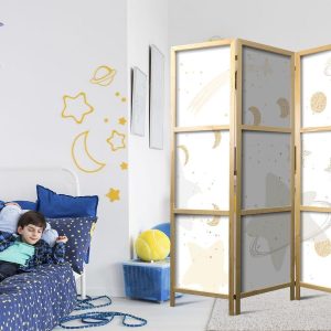 Paravent japonais - Fairy-Tale Galaxy - Moon Phases in Shades of Yellow Among Stars in Beige and Ash Colors with Stardust