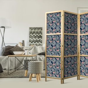 Paravent japonais - Fish Among Leaves - Colorful Koi Fish Among Dark Green Water Lily Leaves on a Navy Water Surface