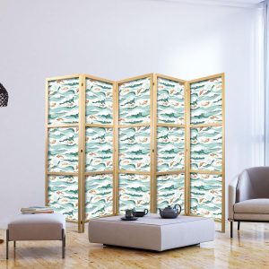 Paravent japonais - Fish Jumping Over Waves - Oriental Fish and Water Lilies Among High Waves in Shades of Sea Green