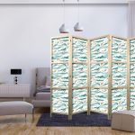 Paravent japonais - Fish Jumping Over Waves - Oriental Fish and Water Lilies Among High Waves in Shades of Sea Green