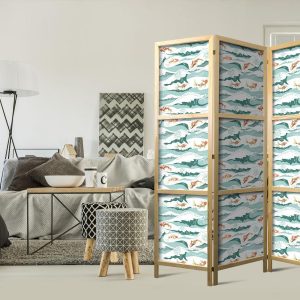 Paravent japonais - Fish Jumping Over Waves - Oriental Fish and Water Lilies Among High Waves in Shades of Sea Green