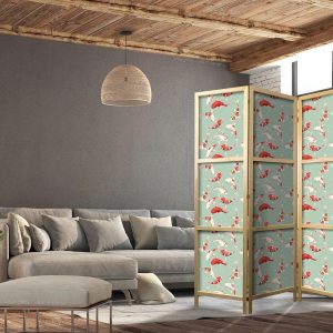 Paravent japonais - Fish and Japanese Pattern - Koi Fish in Orange-Cream Colors on a Green-Mint Background with an Oriental Pattern