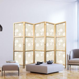 Paravent japonais - Fish and Water Lilies - Light Oriental Fish Swimming Among Water Flowers on a Delicate Sand-Beige Background