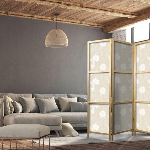 Paravent japonais - Fish and Water Lilies - Light Oriental Fish Swimming Among Water Flowers on a Delicate Sand-Beige Background