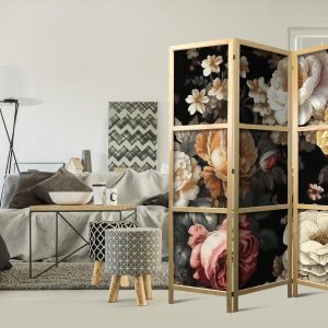 Paravent japonais - Floristry in Vintage Style - Huge Colorful Flowers on a Black Background