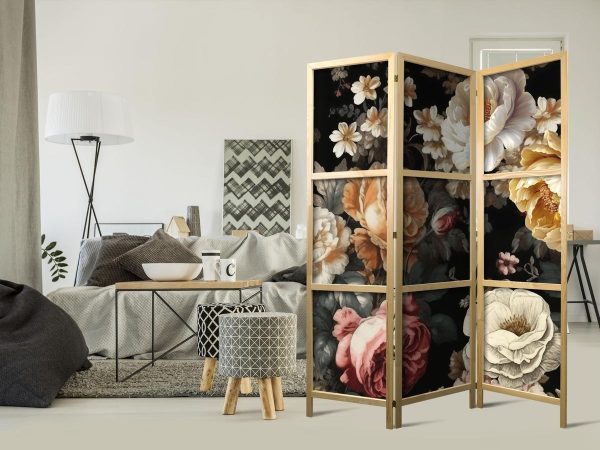 Paravent japonais - Floristry in Vintage Style - Huge Colorful Flowers on a Black Background Paravent japonais - Floristry in Vintage Style - Huge Colorful Flowers on a Black Background