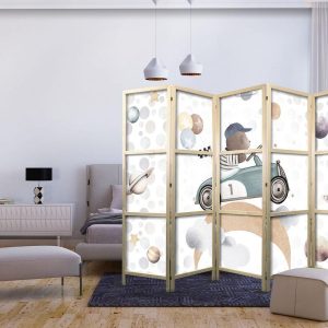 Paravent japonais - Galactic Races - Bear participating in car races among planets - clouds - and stars in pastel colors