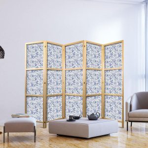 Paravent japonais - Illustration in Vintage Style - Blue Flowers on a White Background