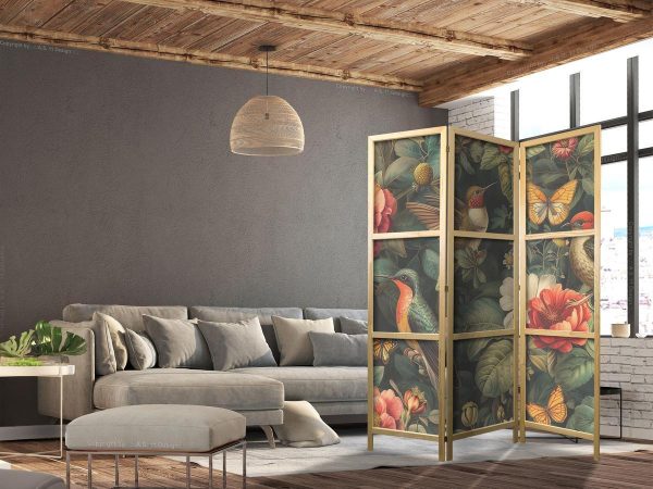 Paravent japonais - In the Botanical Garden - Flowers Birds and Butterflies - Colorful Illustration