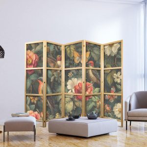 Paravent japonais - In the Botanical Garden - Flowers Birds and Butterflies - Colorful Illustration
