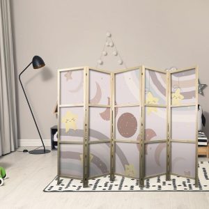 Paravent japonais - Joyful Sky - Yellow cheerful stars with a rainbow against the moon phases - in the sky colored light beige