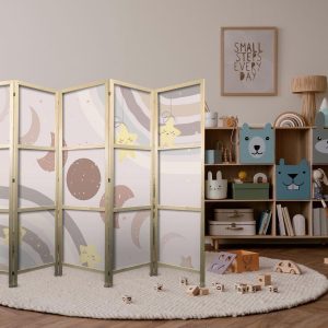 Paravent japonais - Joyful Sky - Yellow cheerful stars with a rainbow against the moon phases - in the sky colored light beige