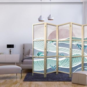 Paravent japonais - Koi Fish Among Waves - Japanese Fish Among Waves in Shades of Turquoise and White