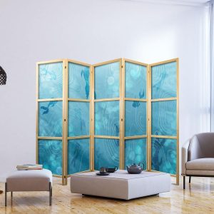 Paravent japonais - Koi Fish Under the Water Surface - a Cluster of Japanese Fish in the Depths of the Pond in Shades of Navy and Blue